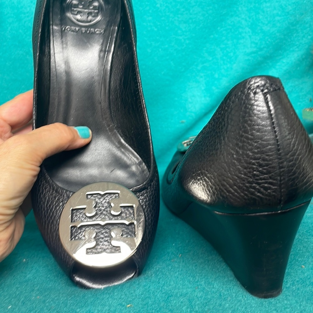 Tory Burch open toe wedge.black size 9.5 like new